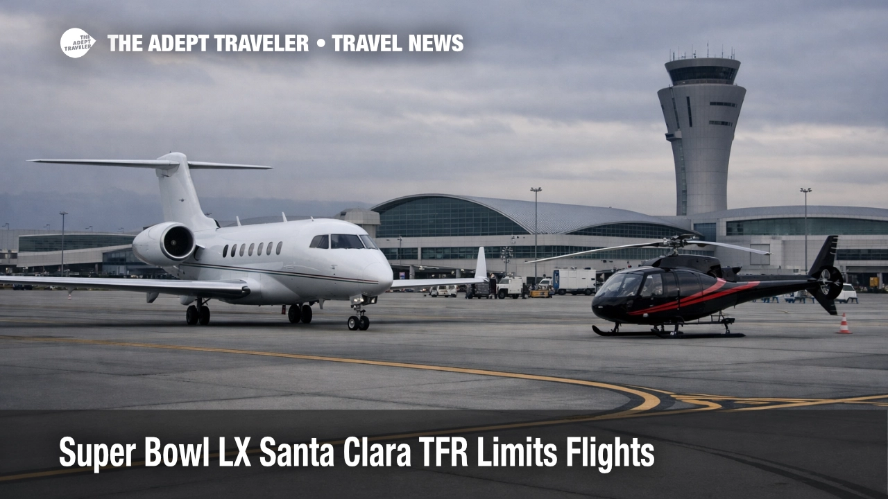 Super Bowl LX Santa Clara TFR leaves a business jet waiting on the ramp at San José Mineta Airport during restrictions