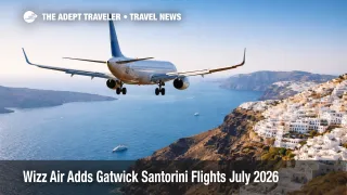 Wizz Air Gatwick Santorini flights, a generic jet approaches Santorini over the caldera for July 2026 summer trips