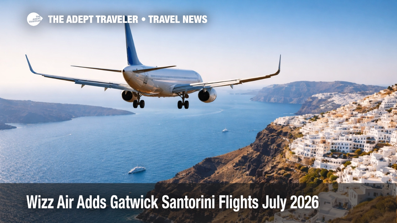 Wizz Air Gatwick Santorini flights, a generic jet approaches Santorini over the caldera for July 2026 summer trips