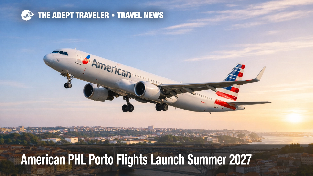 Philadelphia Porto nonstop, American jet climbs over the Douro River and Dom Luís I Bridge at sunrise