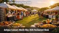 FAB Fest Antigua May 2026 scene at Cedar Valley Golf Club with food stalls and festival crowds planning meals