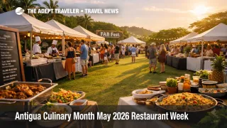  FAB Fest Antigua May 2026 scene at Cedar Valley Golf Club with food stalls and festival crowds planning meals
