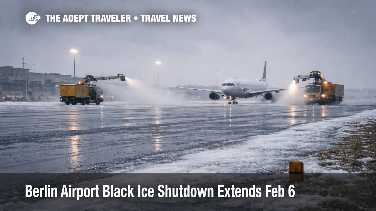 Berlin airport black ice shutdown, de icing trucks work beside an icy runway at BER as flights face cancellations