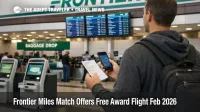 Frontier miles match offer, traveler checks booking screens at Denver airport while planning a 5,000 mile award flight