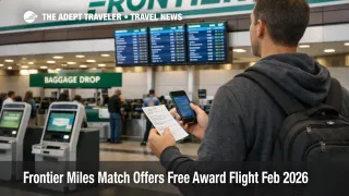 Frontier miles match offer, traveler checks booking screens at Denver airport while planning a 5,000 mile award flight