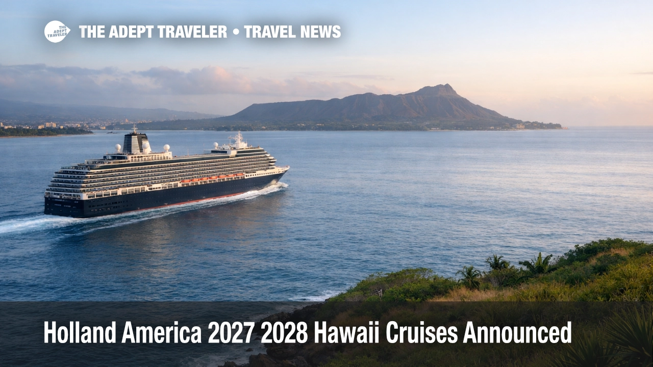 Holland America 2027 2028 cruises ship offshore Oahu as travelers plan Hawaii, Mexico, and Panama Canal itineraries