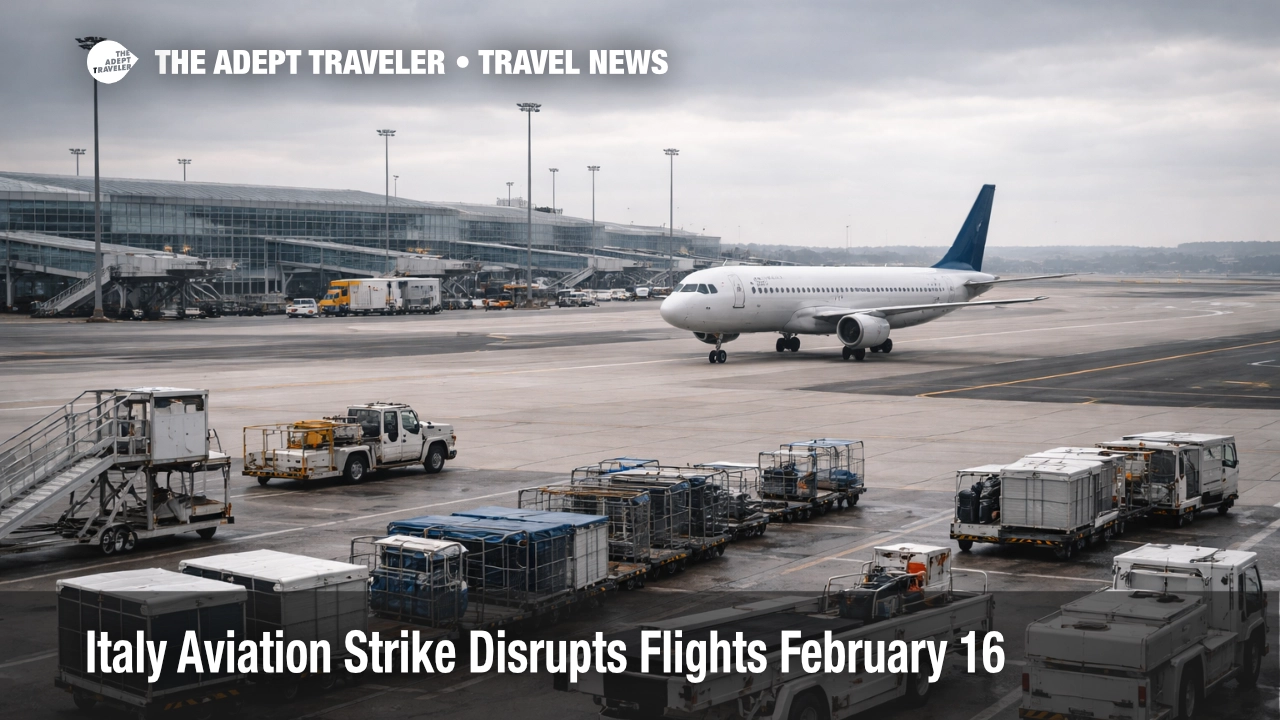 Italy aviation strike February 16, aircraft and idle ground gear at a Milan airport as travelers face flight and handling delays