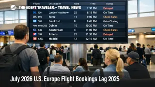  July 2026 U.S. Europe bookings scene at JFK as travelers watch transatlantic departures and shifting fares