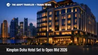 Kimpton Doha hotel opening mid 2026, a downtown luxury property shown at blue hour with skyline views