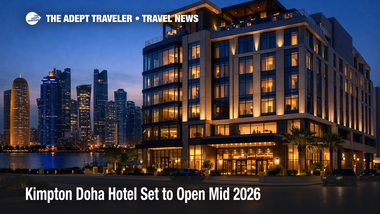 Kimpton Doha hotel opening mid 2026, a downtown luxury property shown at blue hour with skyline views
