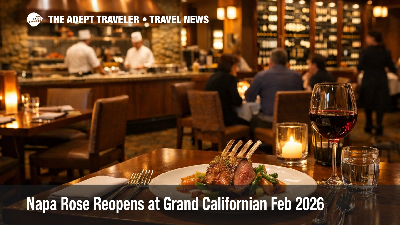 Napa Rose reopening Grand Californian, warm dining room view with chef's counter and wine display for reservation planning