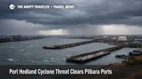 Port Hedland cyclone port evacuations as empty berths and storm clouds signal closure risk for Pilbara travelers
