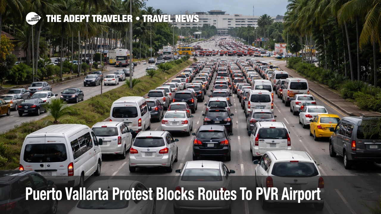 Puerto Vallarta protest airport roads snarl traffic toward PVR, causing long delays for travelers with flights and transfers