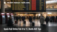 Spain rail strike, cancellations shown on Madrid Atocha departures board as travelers reroute February 9 to 11, 2026