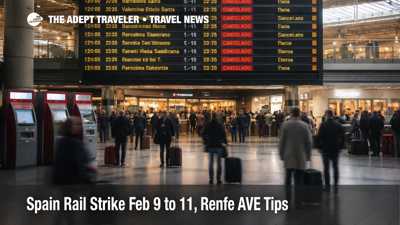 Spain rail strike, cancellations shown on Madrid Atocha departures board as travelers reroute February 9 to 11, 2026