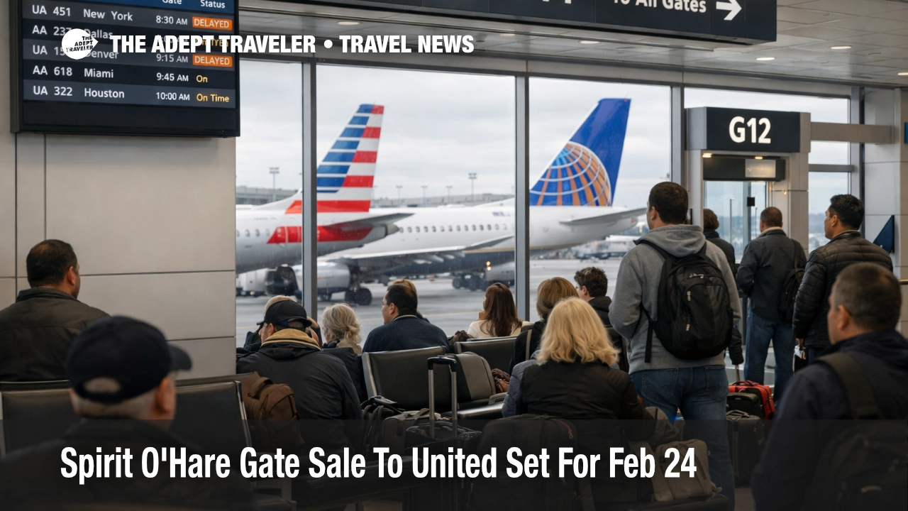 Spirit O'Hare gate sale as travelers watch ORD departures boards near crowded gates and shifting assignments