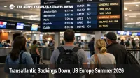 Summer 2026 transatlantic bookings down, travelers watch JFK departures board for Europe flights and schedule changes