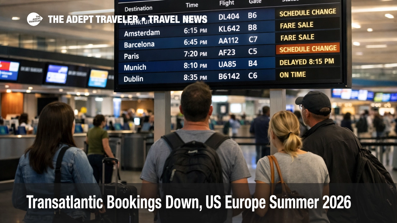 Summer 2026 transatlantic bookings down, travelers watch JFK departures board for Europe flights and schedule changes