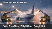 Winter Storm Gianna US flight waivers sign, deicing trucks spray an airliner as travelers rebook flights through Feb 6