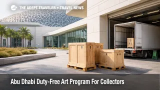Abu Dhabi duty-free art program shown via museum loading bay with secured art crates, signaling customs duty waiver planning