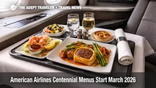 American Airlines centennial menu preorder, a Flagship cabin meal tray set for a long haul flight in 2026