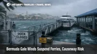 Bermuda ferry suspensions as gale winds whip Hamilton harbor, choppy seas and closed docks signal transfer disruptions