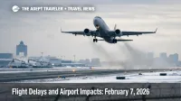 U.S. flight delays February 7, 2026, a jet departs a snowy Boston Logan runway as winter weather slows departures