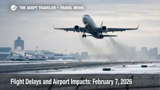 U.S. flight delays February 7, 2026, a jet departs a snowy Boston Logan runway as winter weather slows departures