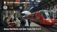 Genoa rail works Italo disruption as travelers check boards at Genova Piazza Principe during Feb 6 to 9 changes