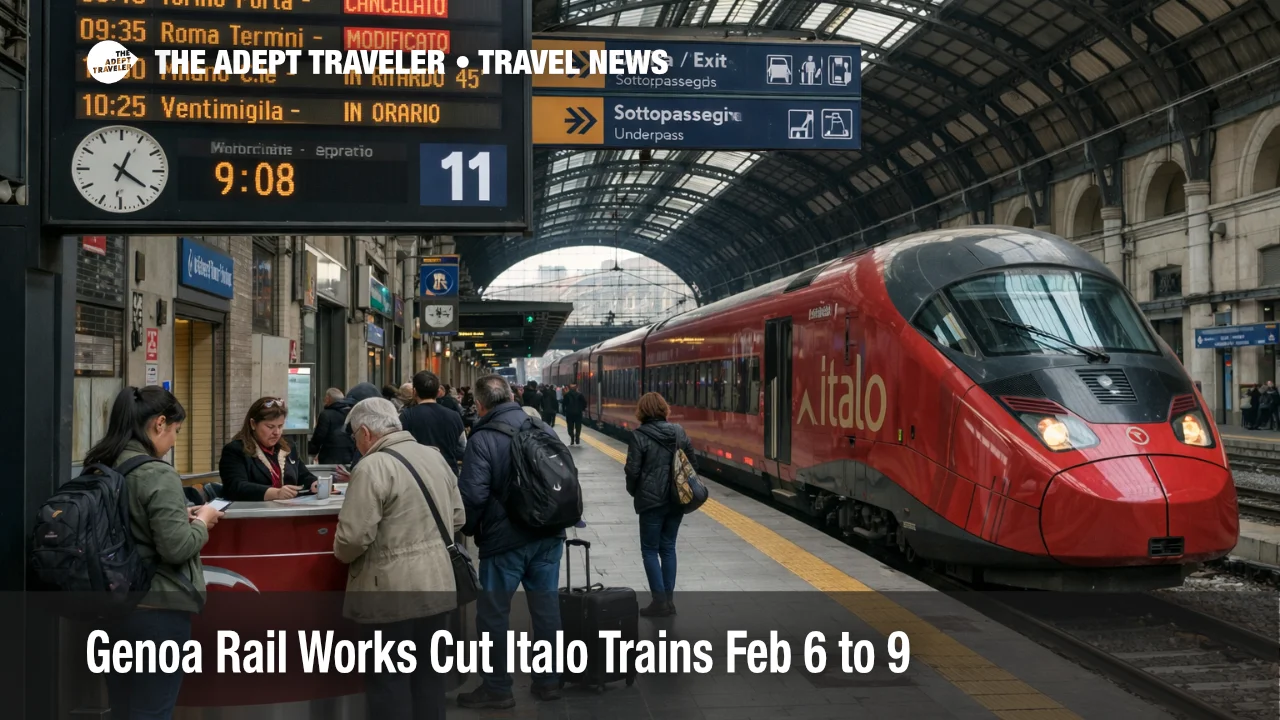 Genoa rail works Italo disruption as travelers check boards at Genova Piazza Principe during Feb 6 to 9 changes