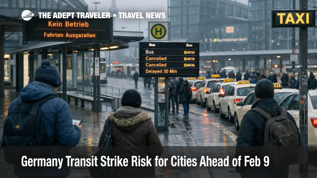 Germany transit strike risk shows empty Berlin tram stop and longer taxi queues that can break airport transfer plans