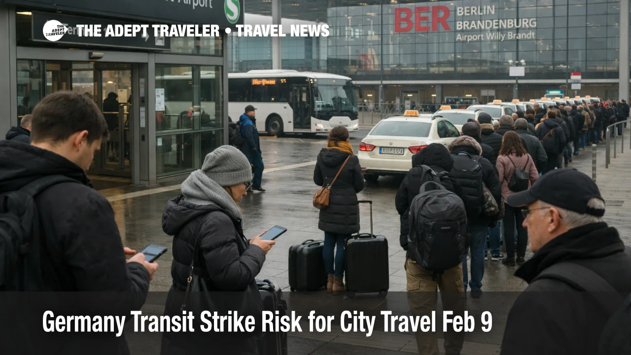 Germany transit strike risk, taxi queue builds at Berlin Brandenburg Airport as city transit options thin in winter