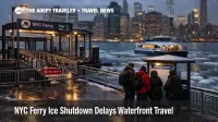 NYC Ferry ice shutdown at Pier 11 shows closed gangway and icy harbor, forcing longer subway and rideshare transfers
