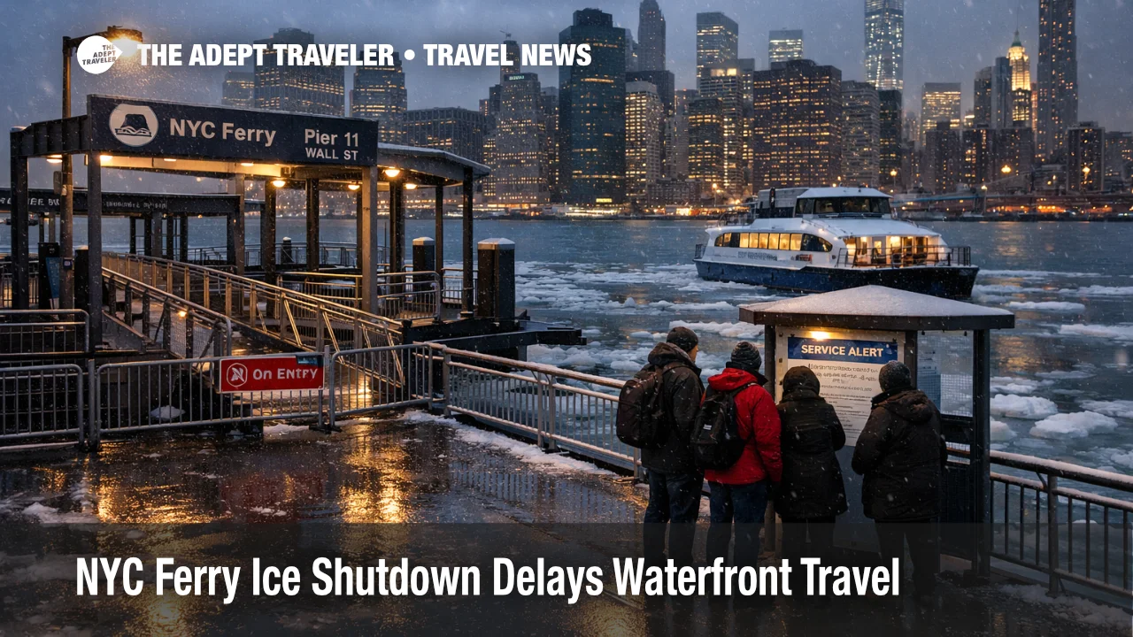 NYC Ferry ice shutdown at Pier 11 shows closed gangway and icy harbor, forcing longer subway and rideshare transfers