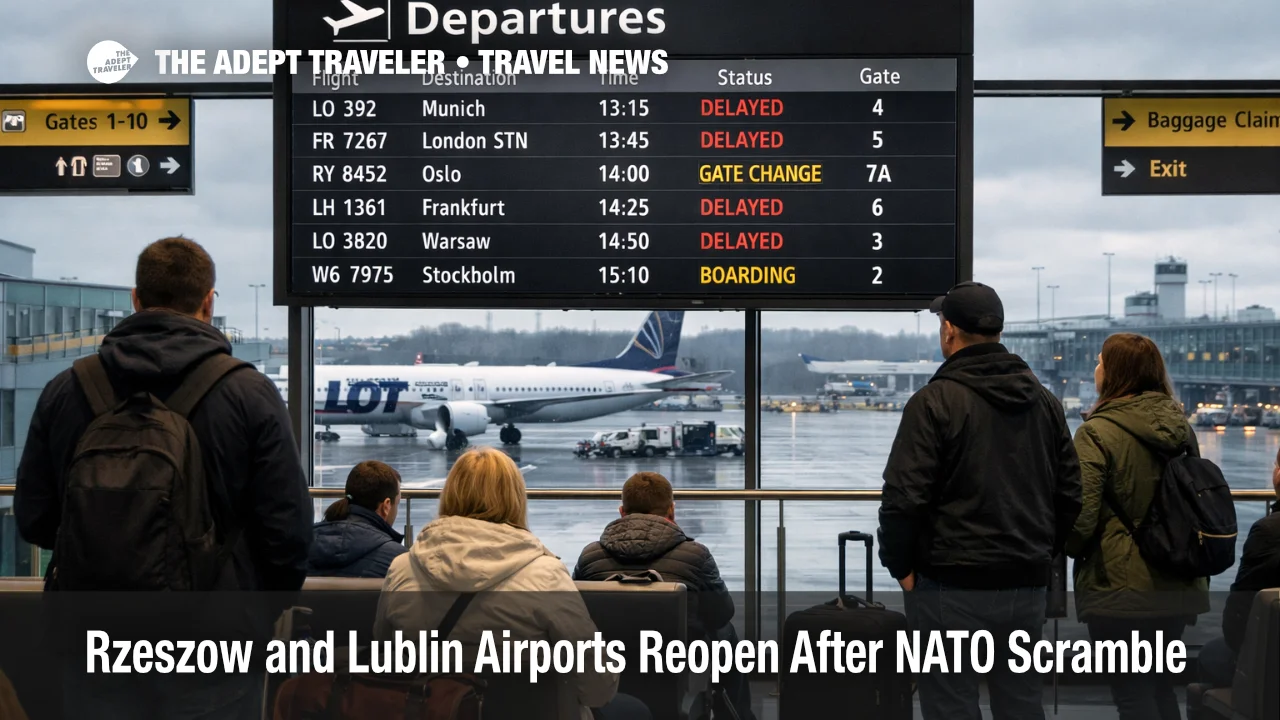 ALT text: Rzeszow Lublin airport closure impact, travelers watch delayed departures board during a short security related pause