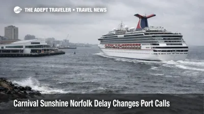  Carnival Sunshine Norfolk delay shown as the ship departs in rough winter seas outside the cruise terminal
