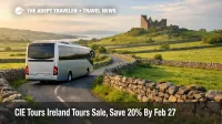 CIE Tours February sale travelers compare discounted 2026 Ireland tours while a coach drives an Irish countryside road