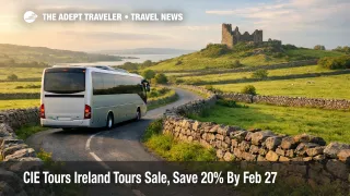 CIE Tours February sale travelers compare discounted 2026 Ireland tours while a coach drives an Irish countryside road