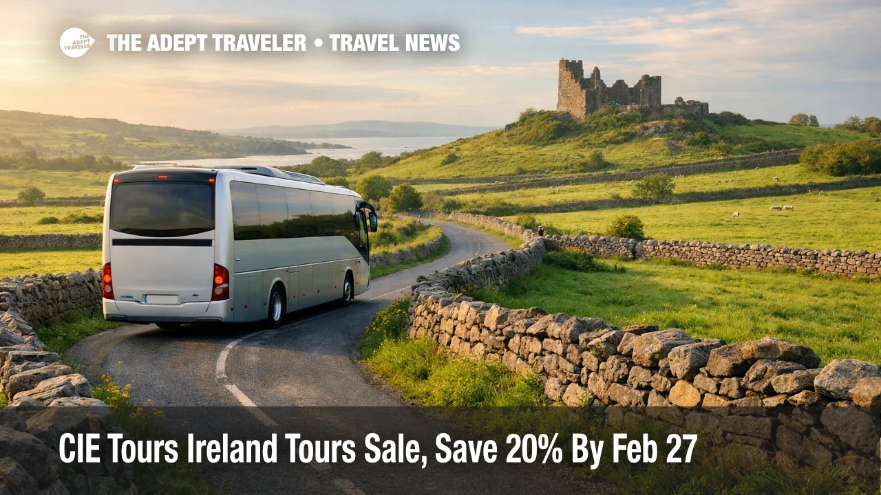 CIE Tours February sale travelers compare discounted 2026 Ireland tours while a coach drives an Irish countryside road