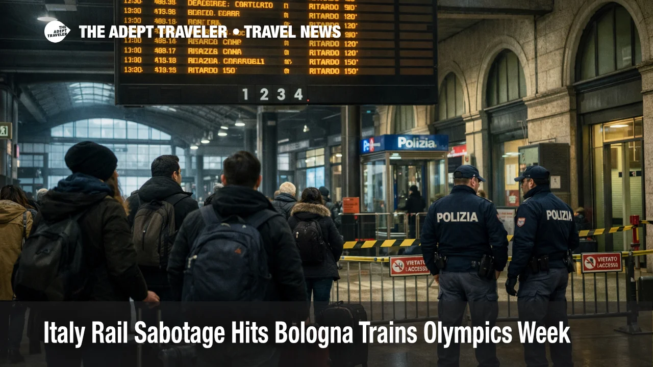 Italy rail sabotage Bologna, travelers watch delay boards at Bologna Centrale as Olympics week trips run late