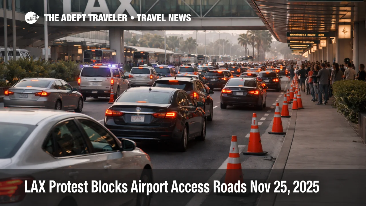 LAX protest access roads slowdown as cars queue outside terminals, signaling travelers to add ground time buffer