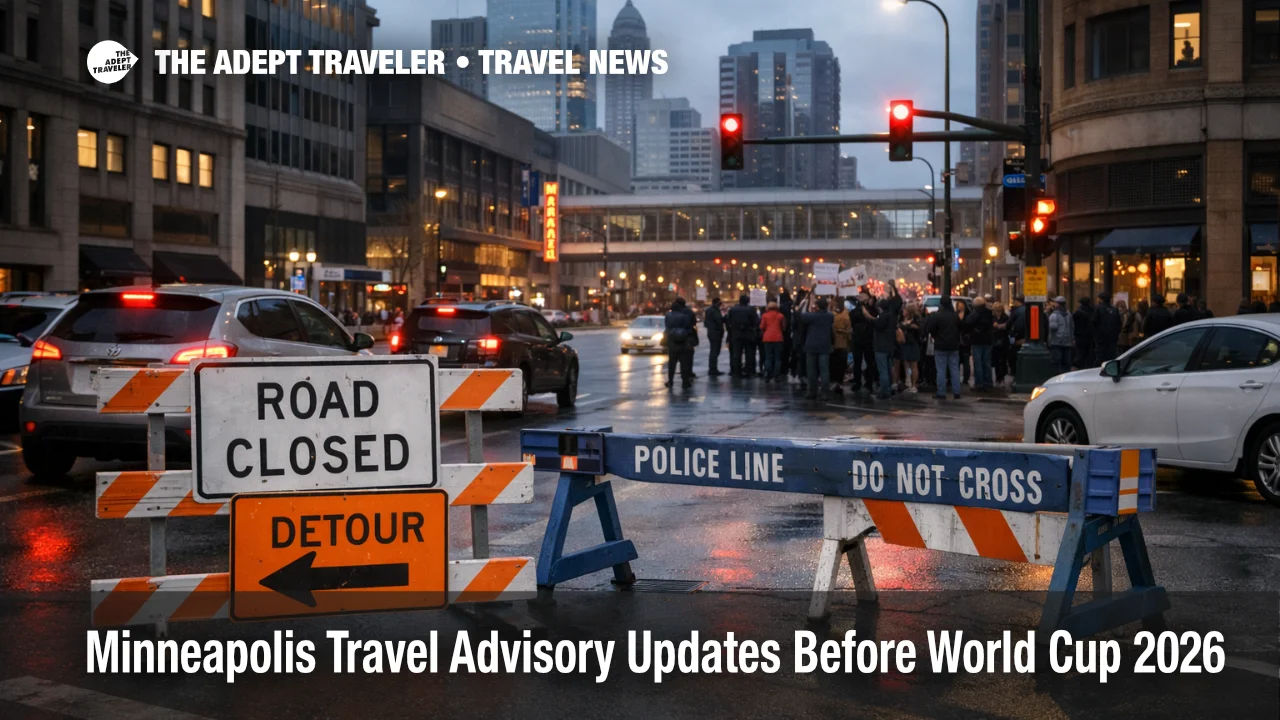 Minneapolis travel advisory caution as downtown barricades and small crowds signal possible protest related detours