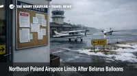 Northeast Poland airspace restrictions, a small Podlaskie airfield sits under winter cloud as flights reroute