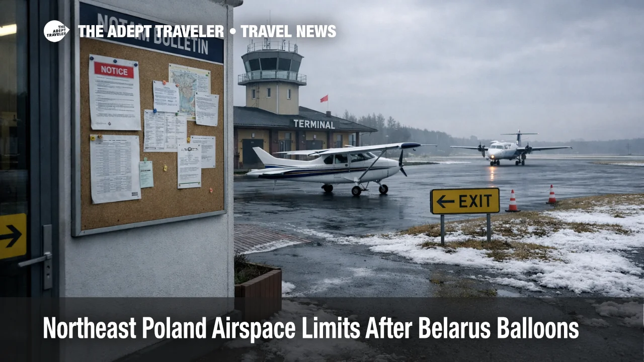 Northeast Poland airspace restrictions, a small Podlaskie airfield sits under winter cloud as flights reroute