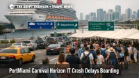 PortMiami Carnival Horizon IT crash shows long terminal lines and port traffic delays before cruise departure
