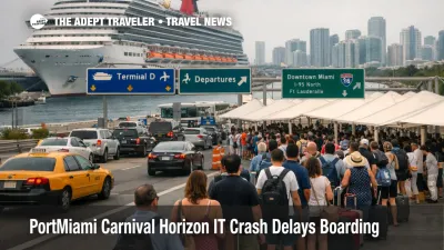 PortMiami Carnival Horizon IT crash shows long terminal lines and port traffic delays before cruise departure