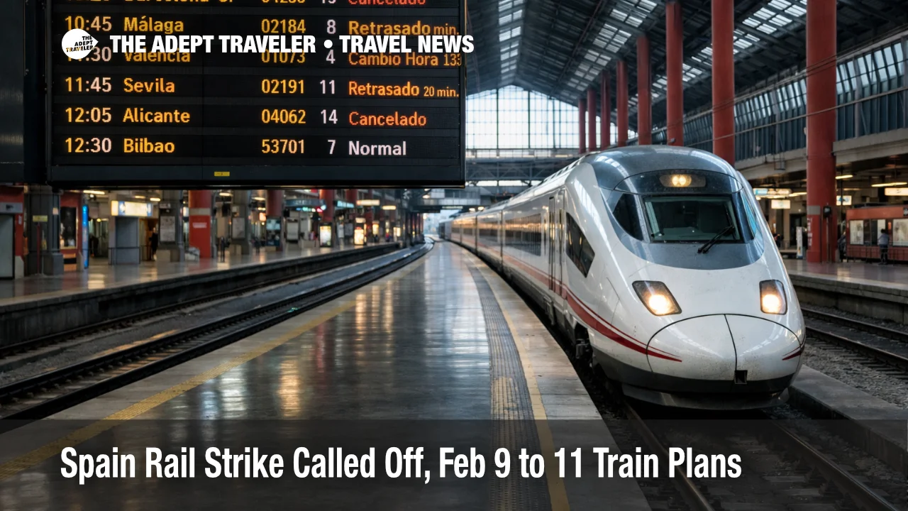 Spain rail strike February 9, departures board at Madrid Atocha shows shifting train times for Feb 10 and 11, 2026