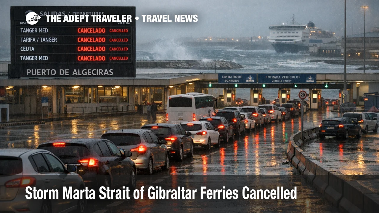 Storm Marta Strait ferries, cars queue at Port of Algeciras as cancellations disrupt Morocco crossings