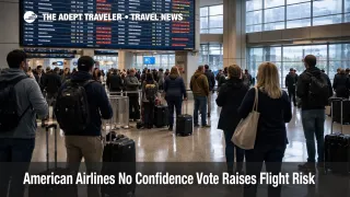 American Airlines no confidence vote backdrop at DFW, travelers watch delays build on the departures board