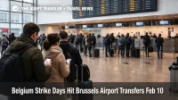 Belgium February 10 strike travel disruption shown by queues and limited counters inside Brussels Airport departures hall